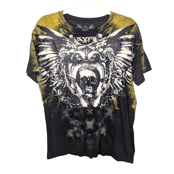 Xzavier skull grunge acid wash fade wings Gothic 2 sided AOP Mens Tshirt Medium - Picture 1 of 8